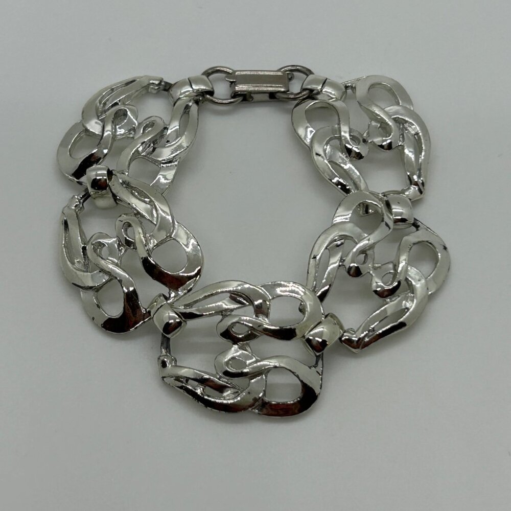 Vintage Modernist Silver-Tone Bracelet Bold Link Statement Retro Chunky 1970s 7" - Picture 6 of 10